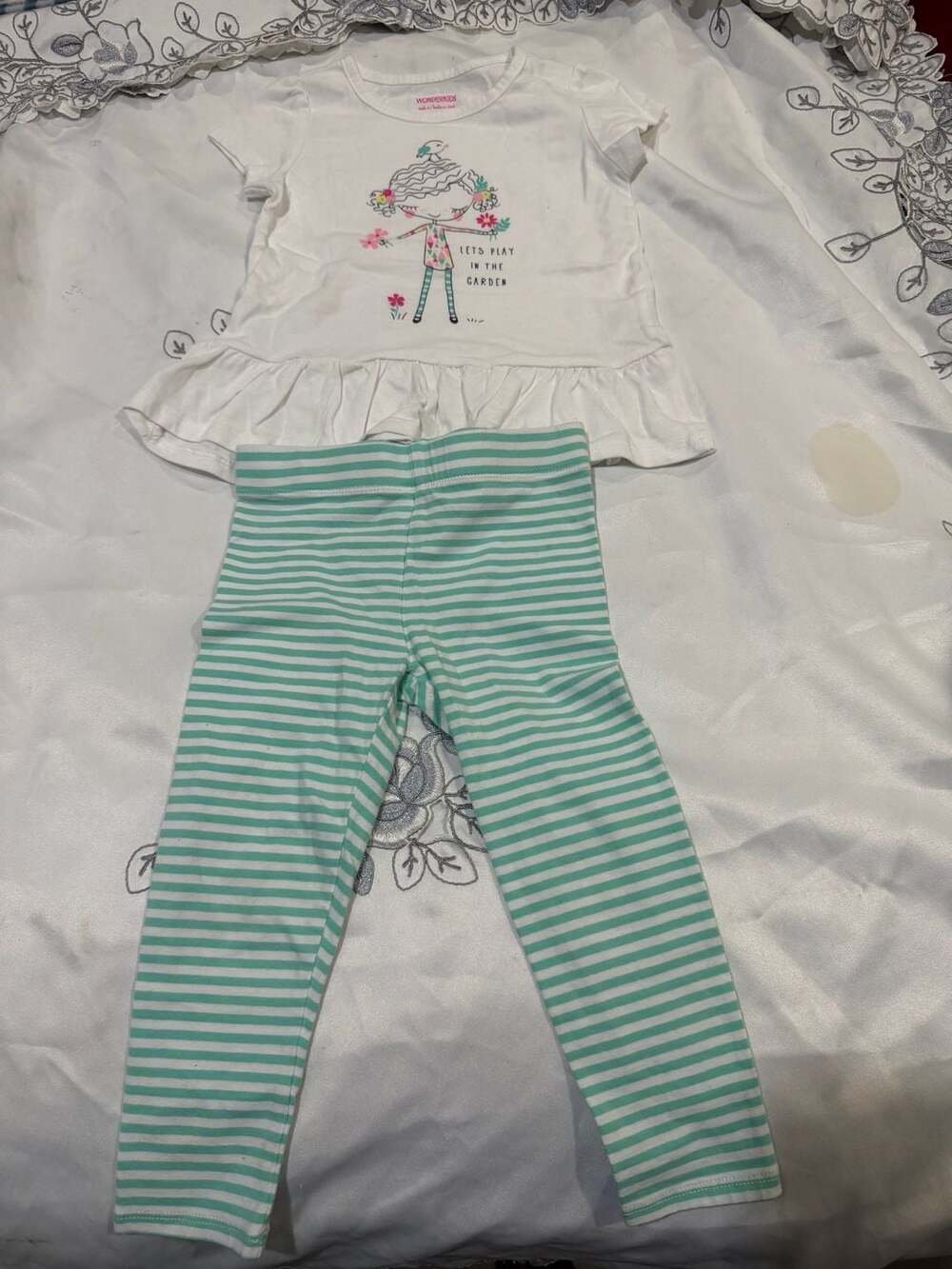 Wonderkids Let's Play in the Garden White Ruffle T-Shirt and Striped Leggings Ou